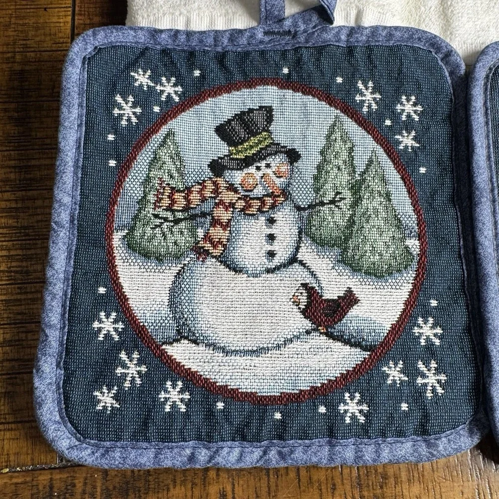 Vtg NOS Mervyn's 5pc Christmas Snowman Kitchen Hand Towel & Tapestry Pot Holders